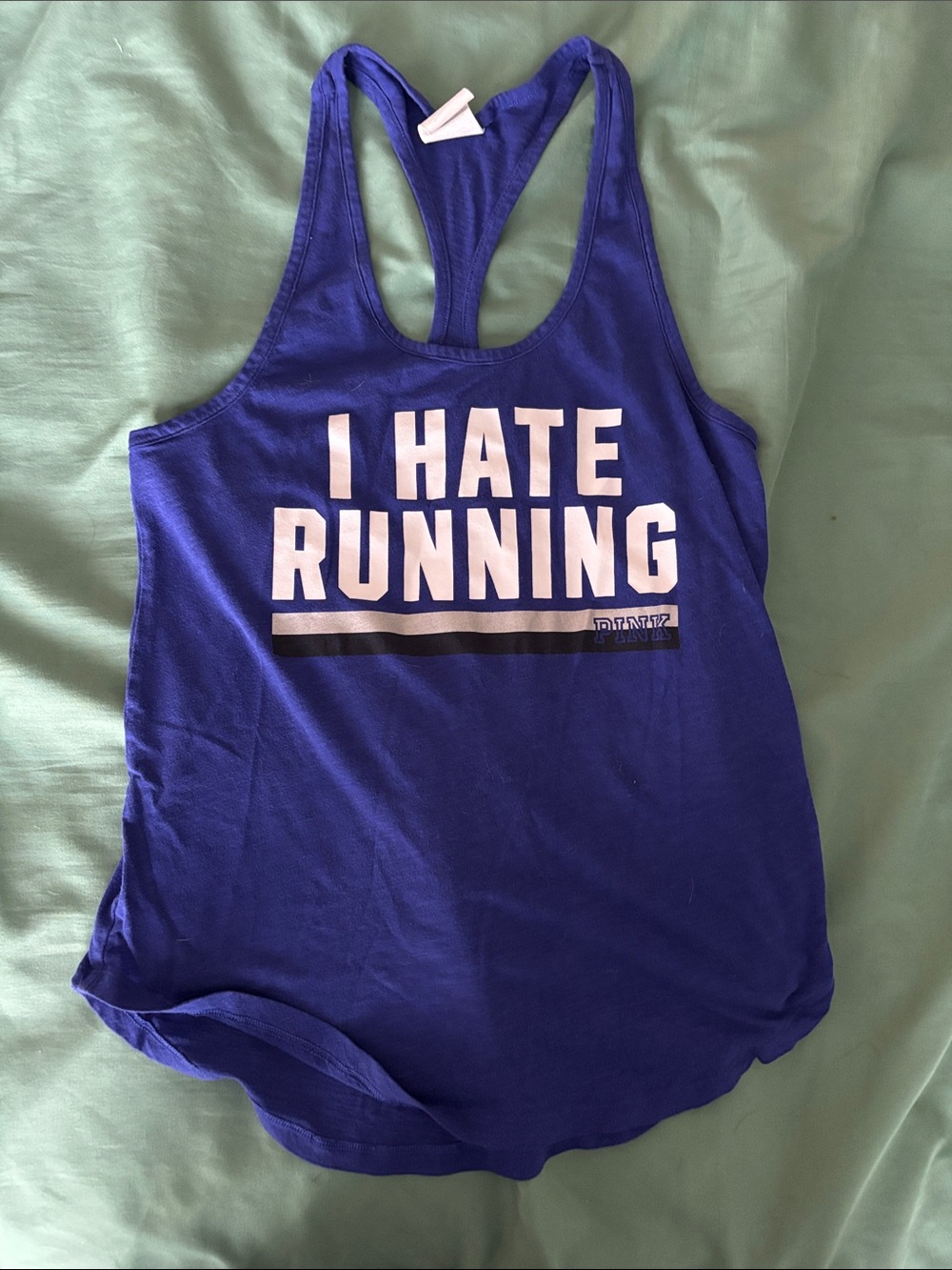 PINK Victoria's Secret Royal Purple Racerback Tank with 'I HATE RUNNING' Graphic